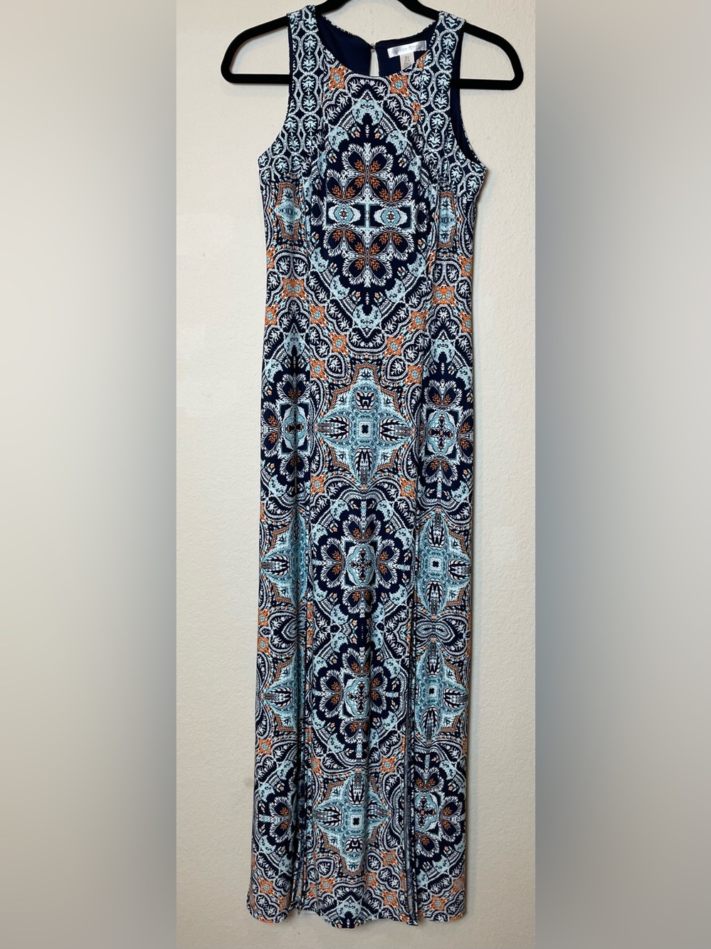 London Times Navy, Light Blue & Orange Patterned Maxi Dress